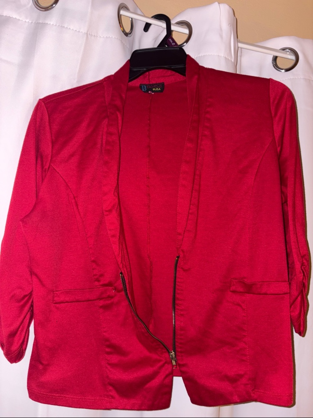 Women's Red Open-Front Blazer with Zipper Detail